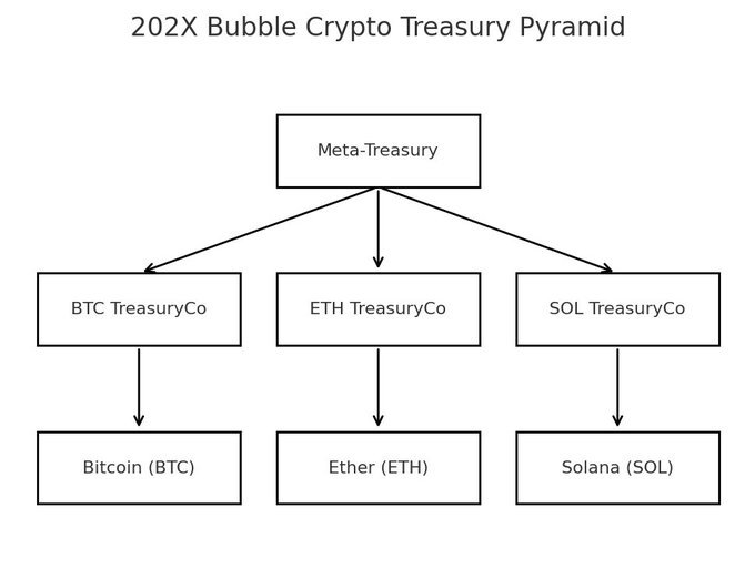 202Xバブル暗号資産トレジャリーピラミッドの図。Meta-TreasuryからBTC TreasuryCo、ETH TreasuryCo、SOL TreasuryCoに分岐し、それぞれビットコイン、イーサ、ソラナを保有している様子