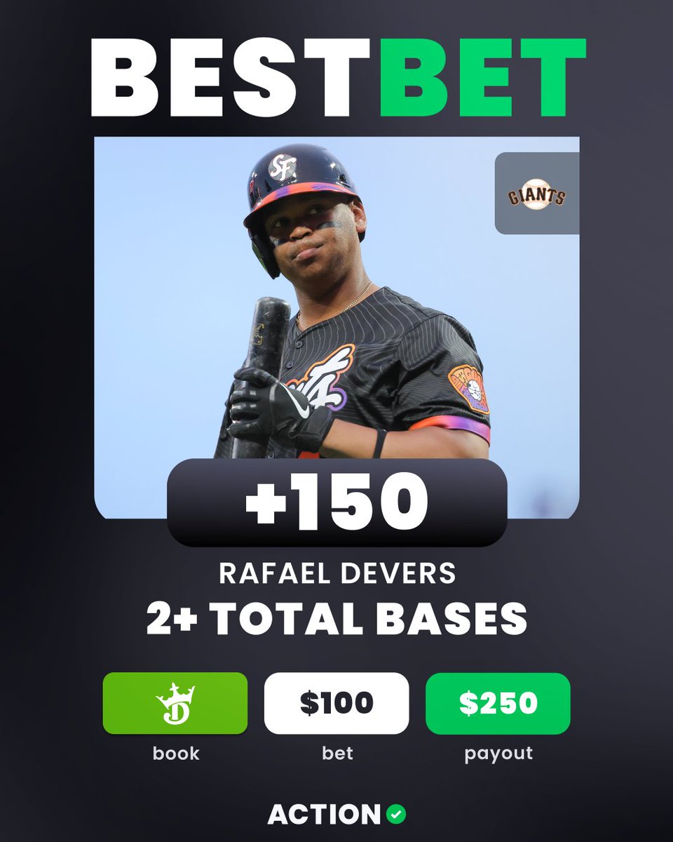 ActionNetworkHQ's tweet image. MLB BEST BET ⚾️💰
👤 RAFAEL DEVERS
🎯 (2+ TOTAL BASES) +150
Bet Here ➡️ bit.ly/SFJUL27
🗣️"(Devers) has trended into drastically better form at the plate since the All-Star break. He's been one of the best batters in the league versus right-handed pitchers throughout…
