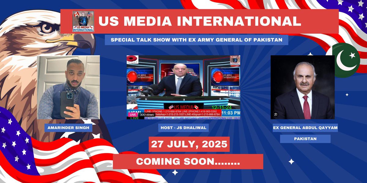 🚨🚨 Special Talk Show Alert 🚨🚨

Join us tonight on US Media International for a special show featuring Army General Senator Lt. Gen. Abdul Qayyum, hosted by JS Dhaliwal, with news analyst Amarinder Singh. They will be discussing India-Pakistan geopolitics.

Tune in at 10:30 PM