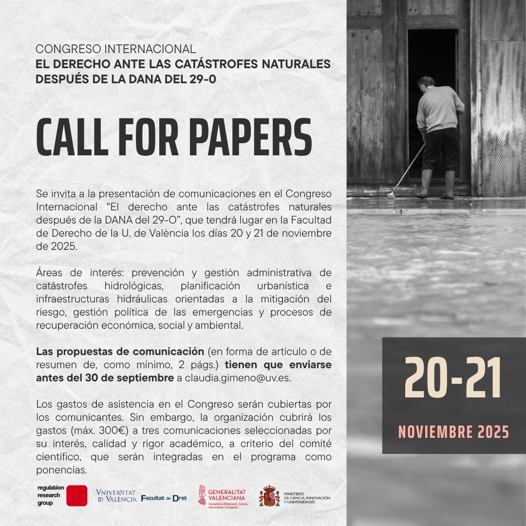 hcost's tweet image. Call for papers del congreso internacional sobre el Derecho ante las catástrofes naturales después de la DANA del 29-O organizado por la Universidad de Valencia #interdisciplinar #derechoadministrativo #derecholaboral #Economia