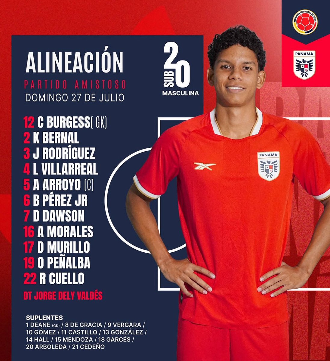 LOS TITULARES 🇵🇦💥 Así sale Panamá 🇵🇦 para medirse a Colombia en la categoría sub20 en duelo amistoso.

Desde las 5 PM POR TVMAX. #FutbolTVMAX #SomosLaSele 📸 FEPAFUT