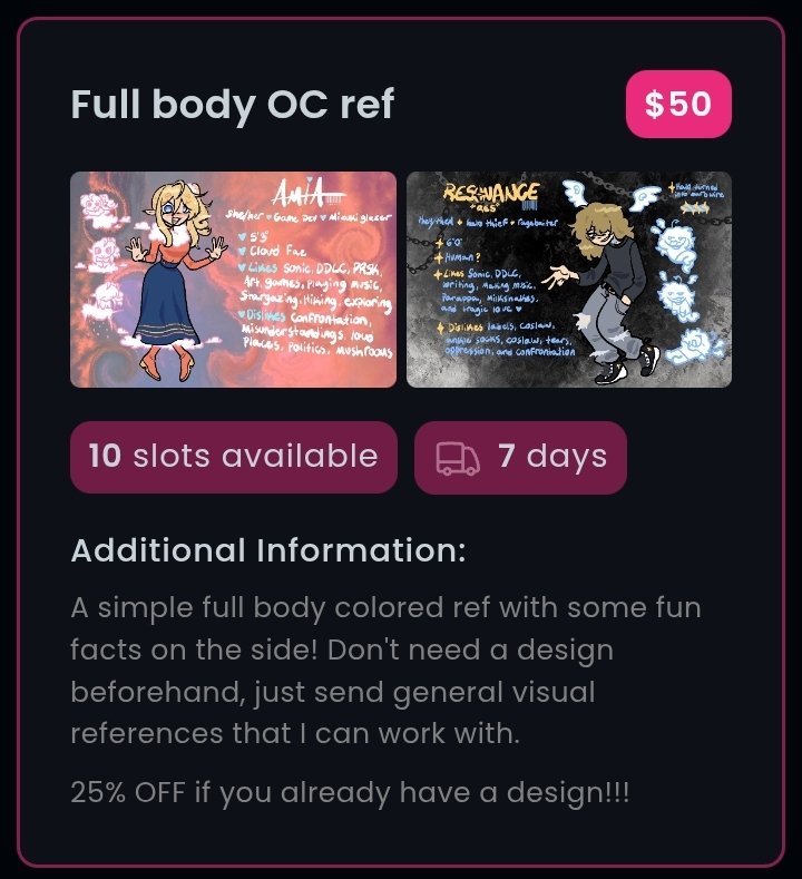 I have a special ART offer going on that makes these full body refs 25% OFF if you already have an oc or sona that you want drawn in this cutesy/simple info graphic!!! ‼️✨️✍️ Submit a request in the 🔗 below!