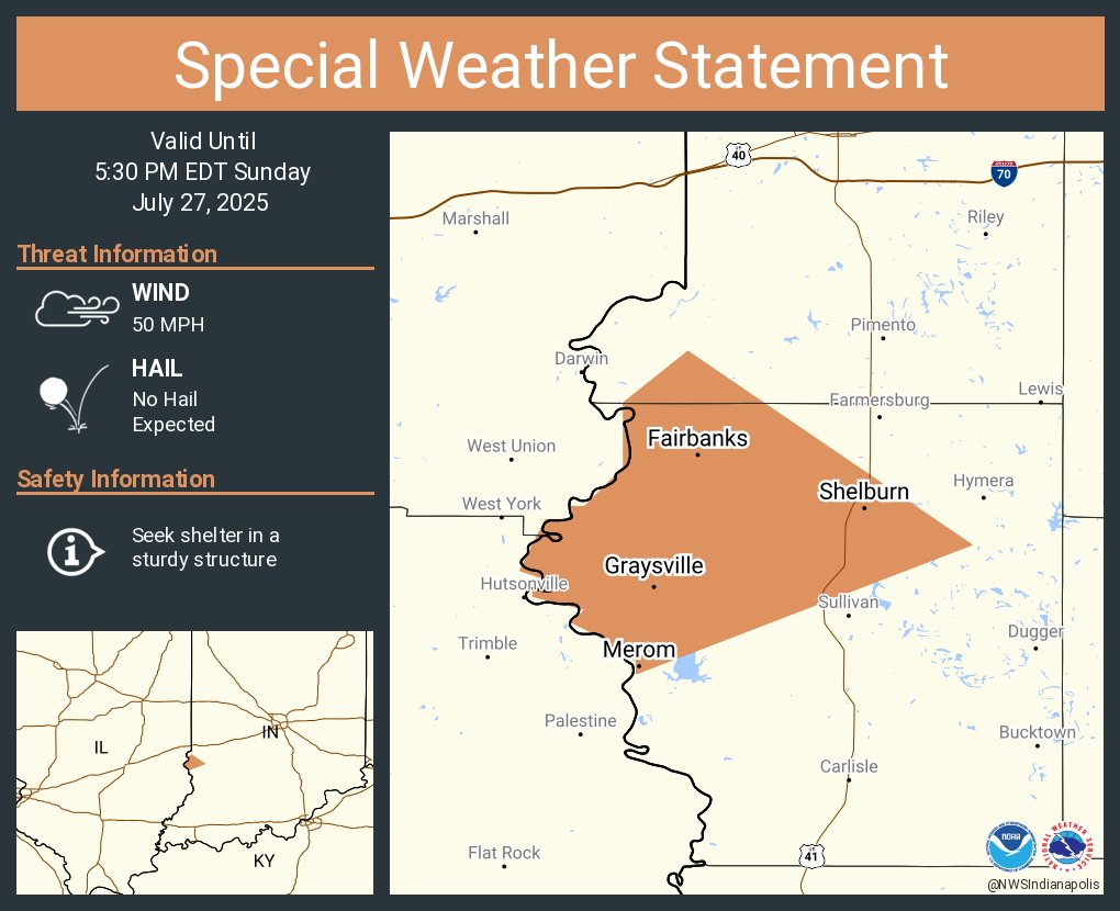 NWSIndianapolis's tweet image. A special weather statement has been issued for Shelburn IN, Merom IN and Fairbanks IN until 5:30 PM EDT