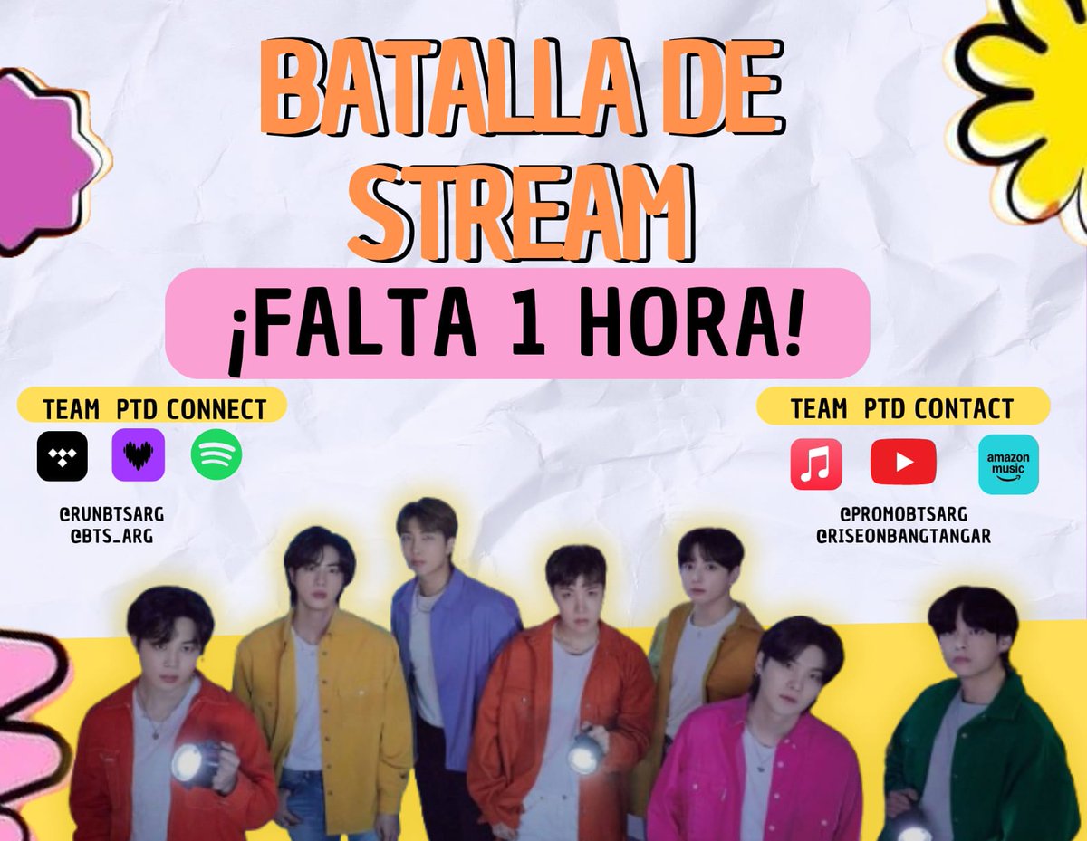 💃🏻 BATALLA DE STREAMING 🕺🏻

⚔️ Dos equipos - Un ganador 🏆 
 
Falta 1 HORA para que comience la batalla🔥

¿Ya elegiste tu equipo?😎

♦TEAM PTD CONNECT
[<a href="/RunBTSArg/">Run BTS Argentina⁷ 🇦🇷</a> <a href="/BTS_ARG/">𝙱𝙰𝙽𝙶𝚃𝙰𝙽 𝙱𝙾𝚈𝚂 𝙰𝚁𝙶𝙴𝙽𝚃𝙸𝙽𝙰 𝟳</a> ]

♦ TEAM PTD CONTACT
[<a href="/PromoBtsARG/">Beyond The Promo 🇦🇷 BTS⁷ 💜</a> <a href="/RiseOnBangtanAr/">BTS Arg 🇦🇷</a>]

Te esperamos!💜
 Más info en el tweet de abajo↓