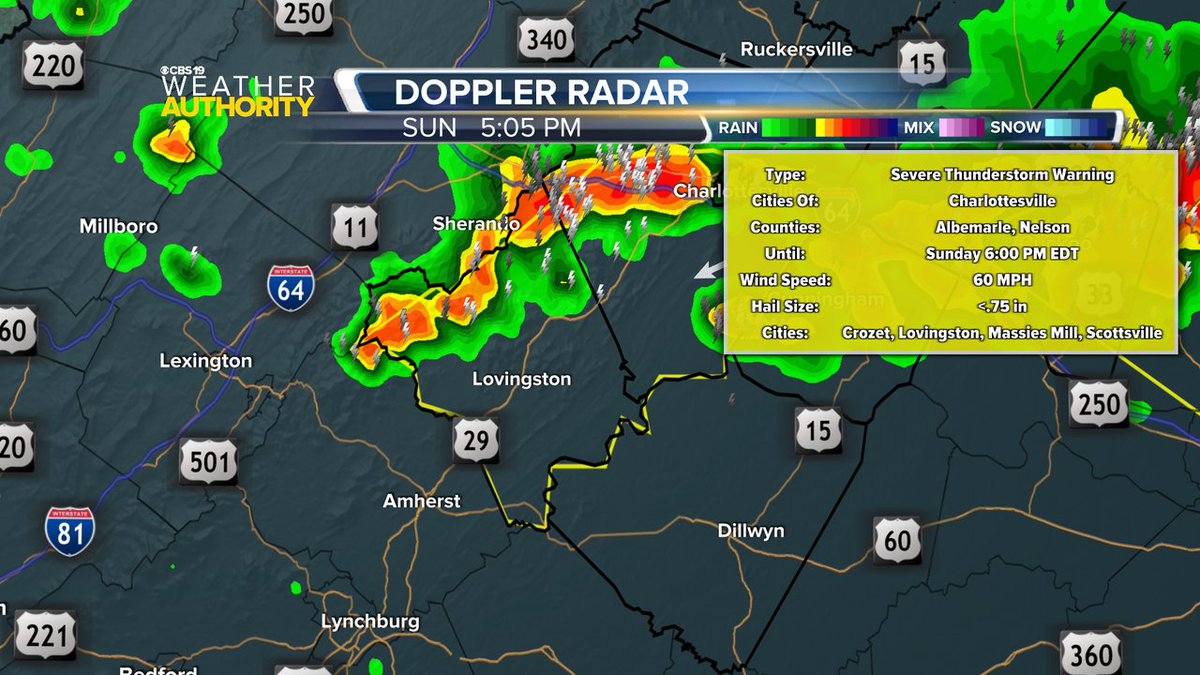 CBS19News's tweet image. A Severe Thunderstorm Warning is now in effect until Jul 27 6:00PM for the following counties: City of Charlottesville, Nelson, Albemarle. Damaging winds and hail are possible with these storms.