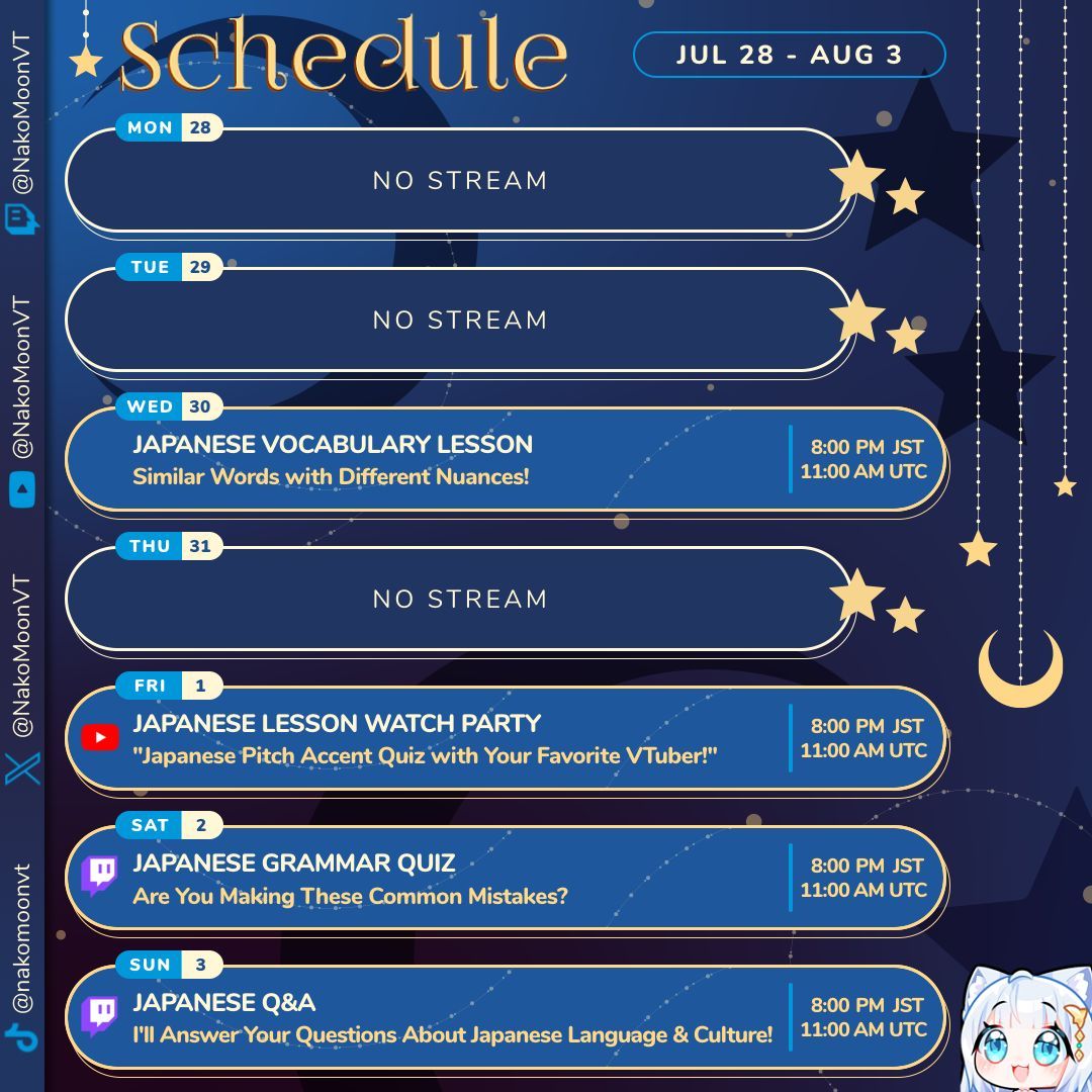 NakoMoonVT's tweet image. [ 𝐒𝐂𝐇𝐄𝐃𝐔𝐋𝐄 ] ✦ July 28 » August 3

Kon&apos;nichiwa August! 😎🌻

🟣Twitch twitch.tv/NakoMoonVT
🔴YouTube youtube.com/@NakoMoonVT
🟡TikTok tiktok.com/@nakomoonvt
🔵Bluesky bsky.app/profile/nakomo…
🔗All Info nakomoonvt.carrd.co