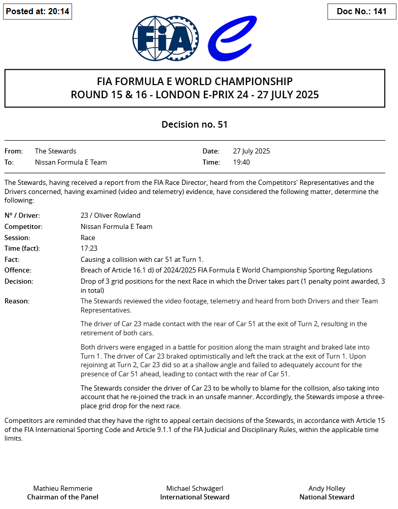 #LondonEPrix 🇬🇧:  #FormulaE World Champion @OliverRowland1 gets a drop of 3 grid positions for the #SaoPauloEPrix 🇧🇷 for causing a collision with <a href="/nico_mueller/">Nico Mueller</a>.

#ABBFormulaE