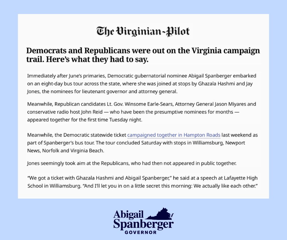 TeamSpanberger's tweet image. Despite doing one alleged “unity” event, the Republican ticket could not be more divided.
The path forward is with an administration willing to show up together for Virginians: @SpanbergerForVA, @GhazalaHashmi, and @jonesjay.