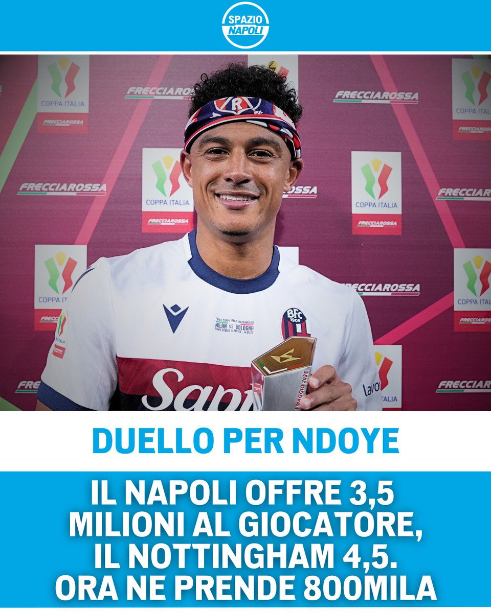 Spazio_Napoli's tweet image. Duello di mercato per Ndoye tra Napoli e Nottingham ⚔️
Gli azzurri offrono al calciatore 3.5 milioni a stagione, gli inglesi rilanciano con 4.5. A riportarlo è Sky Sport 💰
Ora Ndoye guadagna 800mila euro, per i felsinei sarà quindi impossibile trattenere il giocatore 👀
Il…