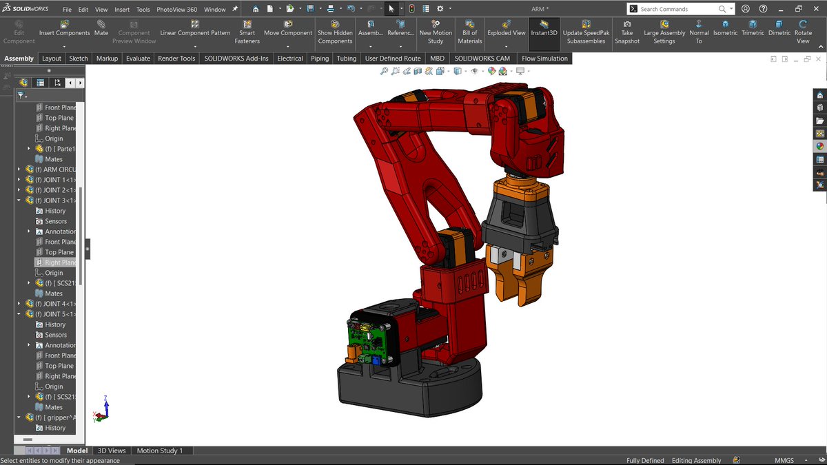 Work-in-progress: Robotic arm design on SOLIDWORKS 🤖⚙ 
Stay tuned for the final assembly! 💡🧠