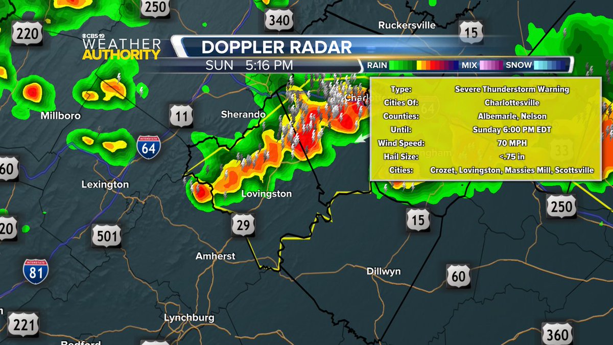 CBS19News's tweet image. A Severe Thunderstorm Warning is now in effect until Jul 27 6:00PM for the following counties: City of Charlottesville, Nelson, Albemarle. Damaging winds and hail are possible with these storms.