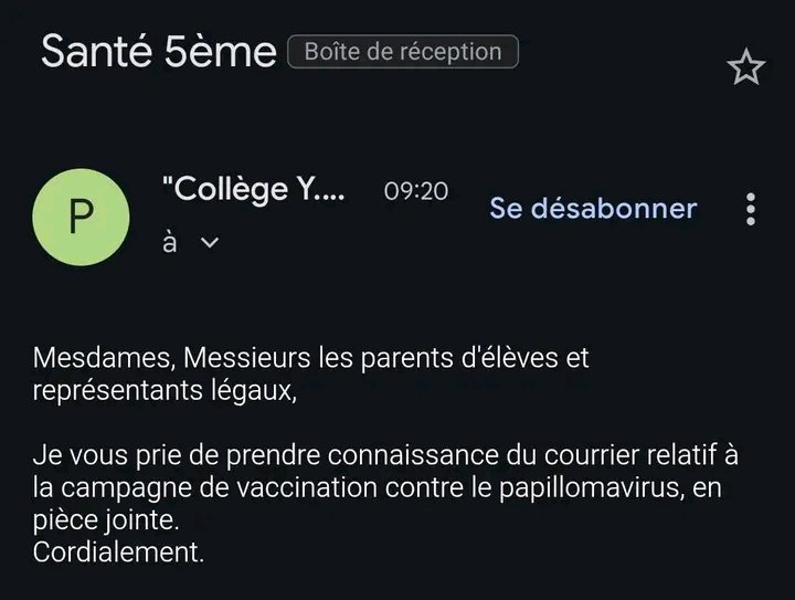 Anne Porquet (@porquet_anne) on Twitter photo <a href="/porquet_anne/">Anne Porquet</a> J’ai reçu un mail du collège de ma fille pour m’informer de la campagne de vaccination contre le papillomavirus (HPV) à la rentrée pour les élèves...
Déjà, juste avant les vacances, Louann a dû remettre son carnet de santé à l’école. <a href="/porquet_anne/">Anne Porquet</a> J’ai reçu un mail du collège de ma fille pour m’informer de la campagne de vaccination contre le papillomavirus (HPV) à la rentrée pour les élèves...
Déjà, juste avant les vacances, Louann a dû remettre son carnet de santé à l’école.