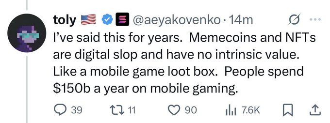 Tweet by @aeyakovenko comparing memecoins and NFTs to mobile game loot boxes