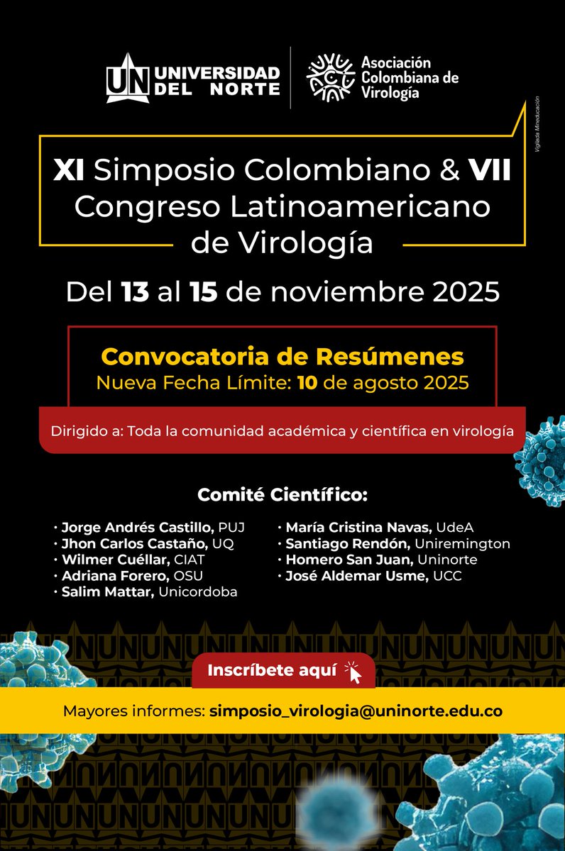 🚨🚨🚨¡Atención investigadores, docentes y estudiantes amantes de la virología!

🔁 Ampliamos la fecha de recepción de resúmenes para el hasta el 10 de agosto de 2025.

Link: uninorte.edu.co/web/ciencias-d…

Los esperamos en Barranquilla.🦠🦠🦠