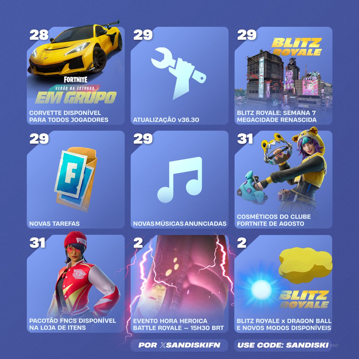 sandiskifn's tweet image. 📆 Conteúdo da semana: de 27 de Julho a 2 de Agosto! #Fortnite