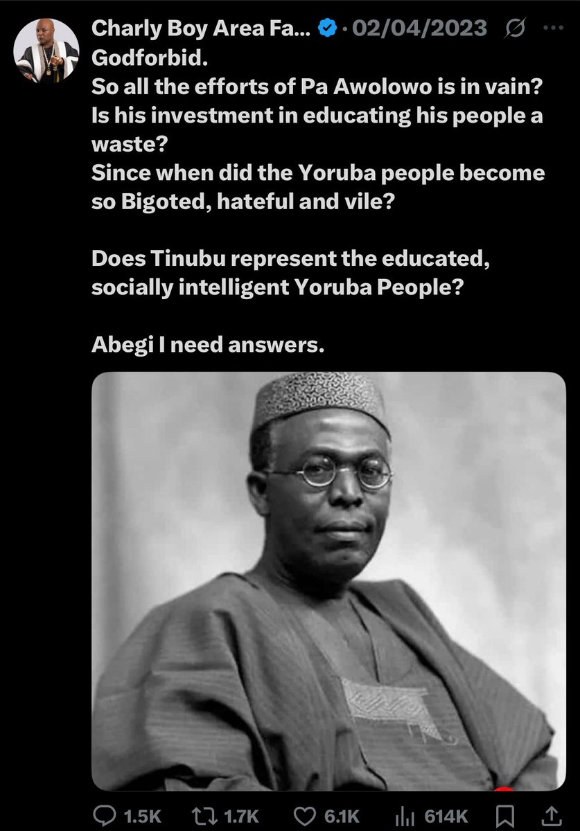 yomiable's tweet image. Let's call a spade a spade
Charly boy is a pathetic bigot
A shameless old man
From Oni,The entire Yorùbá people
Nothing was spared by this irredentist
60years of music no hit
No legacy,No body work
No wonder you have been throwing tantrums over a bus top
