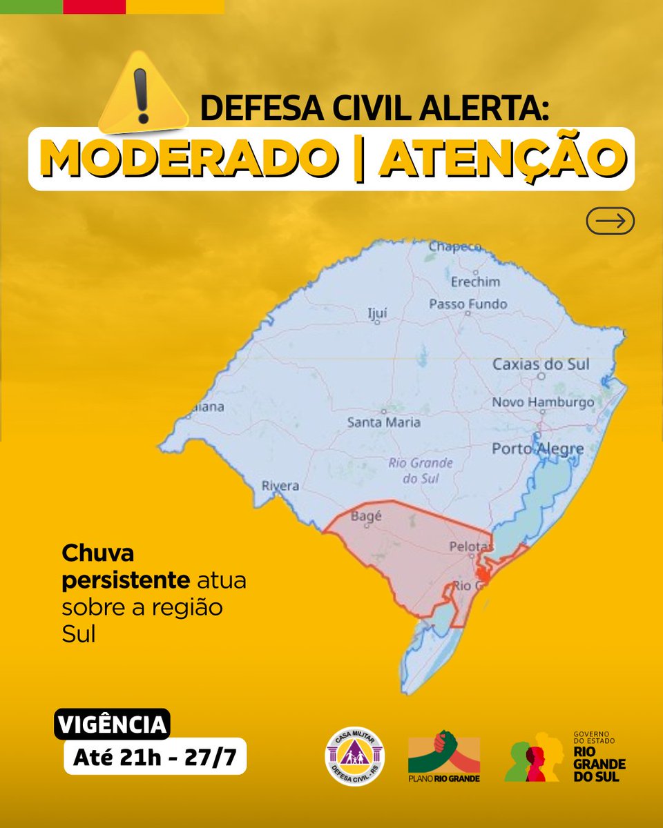 DefesaCivilRS's tweet image. Defesa Civil alerta: Condição de ATENÇÃO para chuva persistente que atua sobre a região Sul. Válido até 21h do dia 27 de julho. Risco MODERADO de alagamentos. Evite áreas de risco. Emergência ligue 190/193.