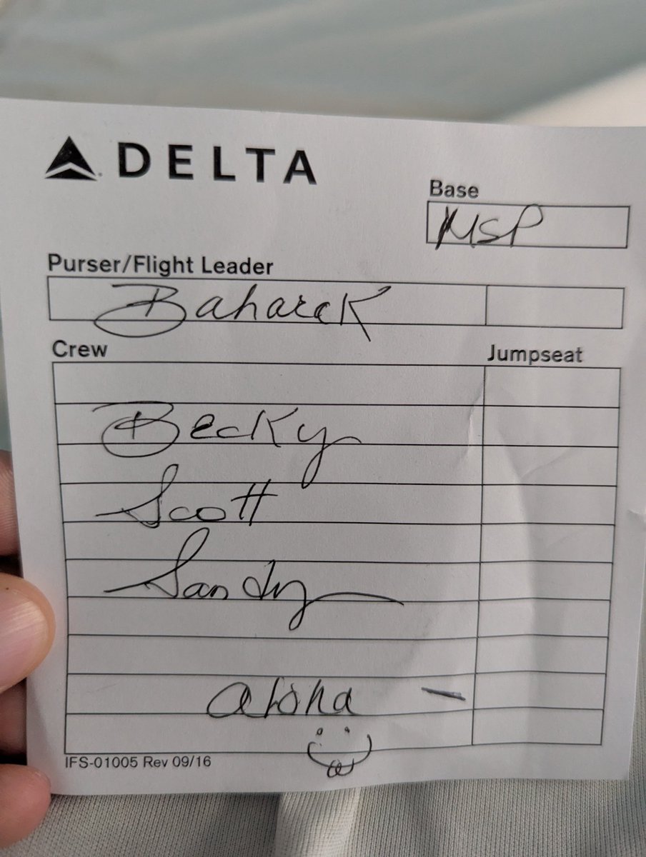 Little bit of a late thank you to <a href="/Delta/">Delta</a> flight crew DL2521  on June 8 from Minneapolis to Raleigh for being super accommodating following one of my best friend's weddings. I'll try to wear a Hawaiian shirt going forward.