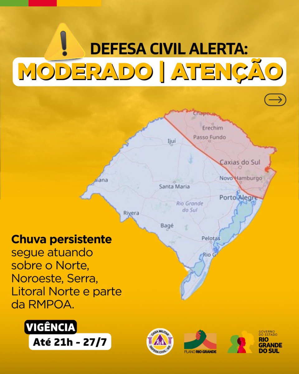 DefesaCivilRS's tweet image. Defesa Civil alerta para condição de ATENÇÃO com instabilidades com chuva persistente atuando sobre o Norte, Noroeste, Serra, Litoral Norte e parte da RMPOA. Risco MODERADO de alagamentos. Válido até 21h do dia 27 de julho. Evite áreas de risco. Emergência ligue 190/193.