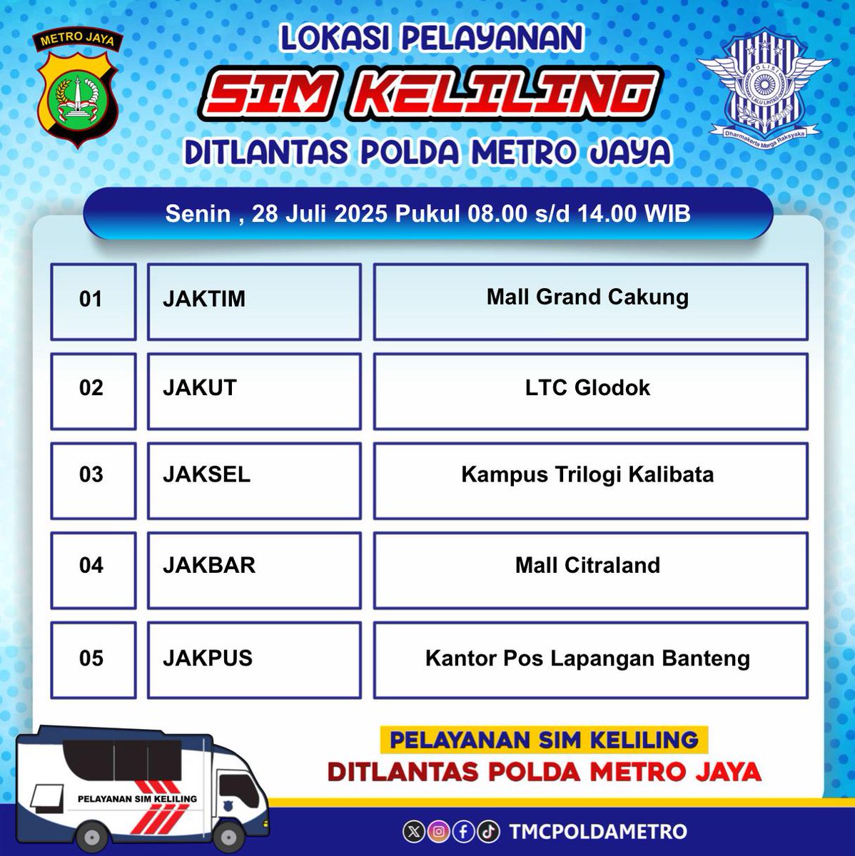 TMCPoldaMetro's tweet image. Informasi Lokasi Pelayanan SIM Keliling Dit Lantas Polda Metro Jaya hari Senin, 28 Juli 2025.