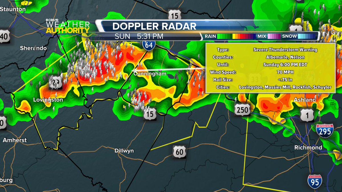 CBS19News's tweet image. A Severe Thunderstorm Warning is now in effect until Jul 27 6:15PM for the following counties: Fluvanna, Cumberland, Goochland. Damaging winds and hail are possible with these storms.
