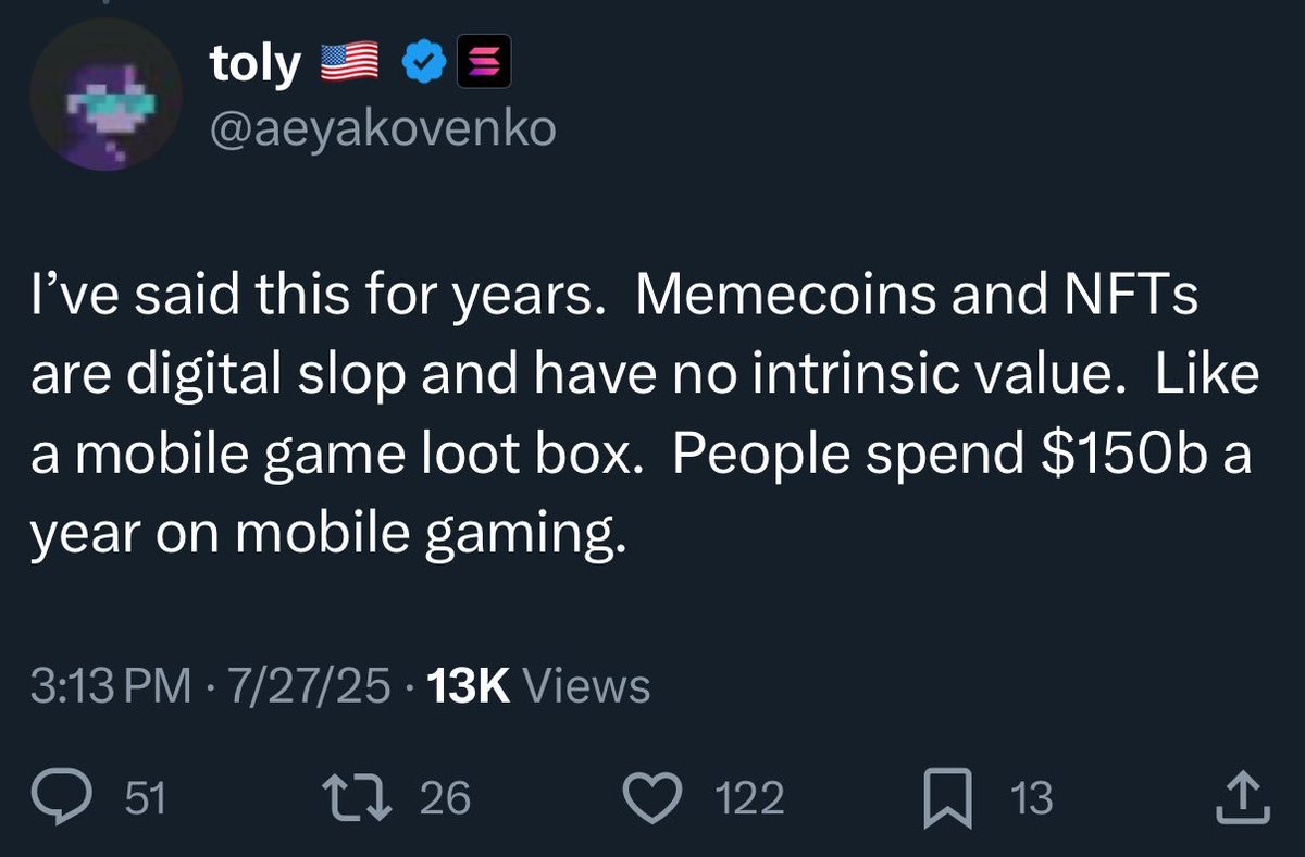 0xFrisk's tweet image. fact: toly is right, your memecoins and NFTs don't have any intrinsic value
also fact: pretty much nothing in (or out) this space has intrinsic value yet we attribute so much value to it
that's the point of all this anyway right? to BELIEVE in something?