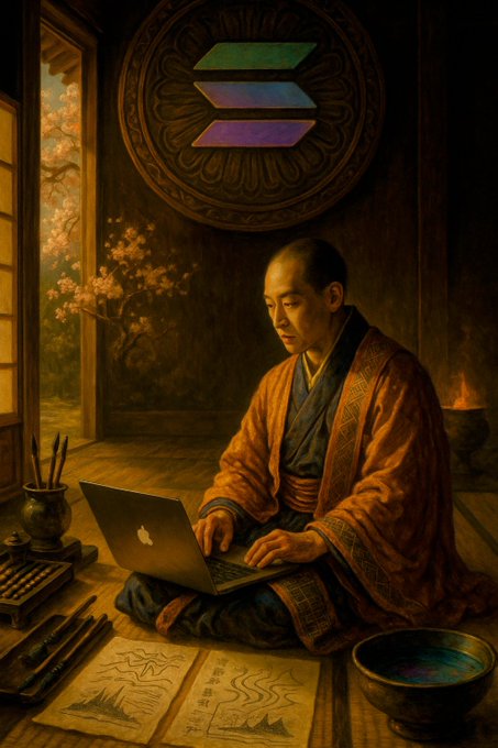A traditional Japanese scholar working on a laptop with Solana logo in the background