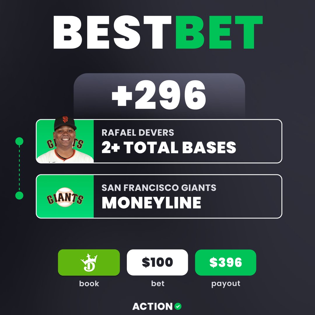 ActionNetworkHQ's tweet image. MLB SAME GAME PARLAY 💰

⚾️ R. DEVERS (2+ BASES)
⚾️ SF GIANTS (ML)
💥 [+296] 💥

Bet Here ➡️ bit.ly/SFSUNDAY

🗣️ &quot;I love this bounce-back spot for the Giants at home tonight. Devers has one hit or more in six consecutive games. The veteran has fared well against…
