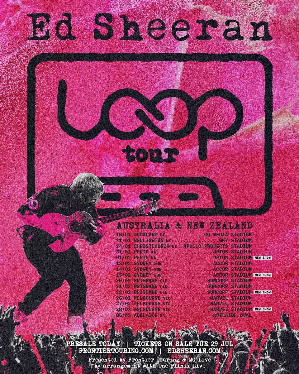 frontiertouring's tweet image. NEW SHOWS 🩷 Perth, Syd, Bris + Melb: to meet huge demand, you're all getting an extra date with @edsheeran!
The Frontier Member presale for ALL Ed's Aus + NZ shows begins today - each show city has a different start time, head to frontiertouring.com/edsheeran for all the details