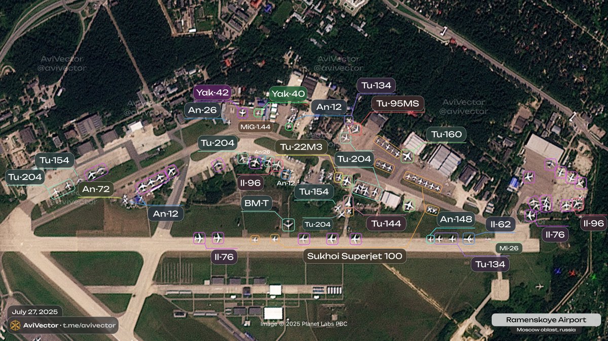 avivector's tweet image. 🔻Satellite images of 🇷🇺 Ramenskoye Airport as of July 27, 09:00 UTC
The airbase housed 1 Tu-95MS (Bear-H), 3 Tu-160 (Blackjack), 10 Tu-204, 2 Tu-154 (Careless), 22 Il-76 (Candid), 2 Il-96, 19 Sukhoi Superjet 100, 5 An-12 (Cub), ~2 An-26 (Curl), 2 Yak-40 (Codling), 1 An-72…