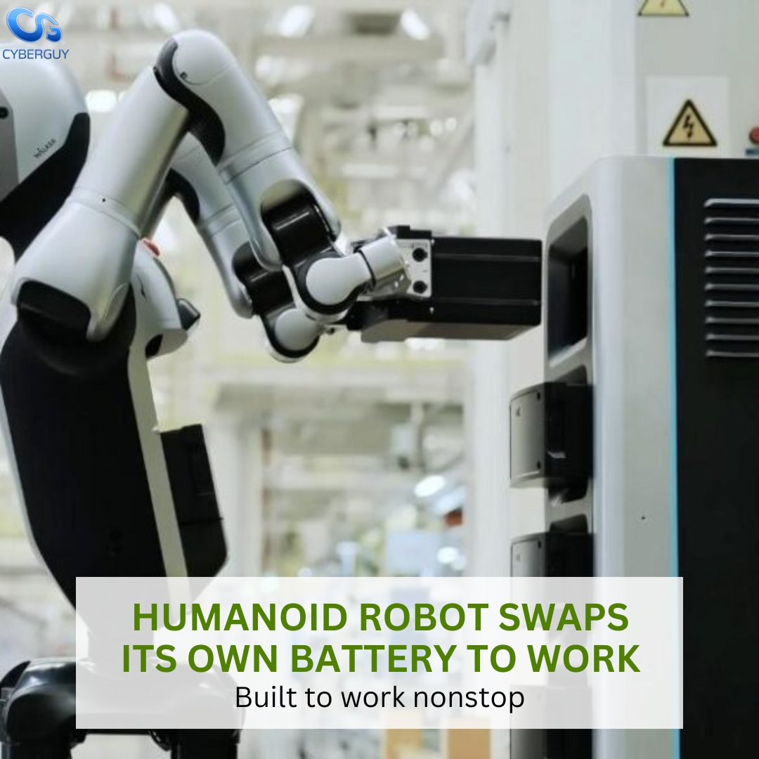 cyberguy's tweet image. A humanoid robot that changes its own battery and never needs a break? It’s not sci-fi, it’s happening now. Is your job next?
Learn more here: cyberguy.com/robot-tech/hum…
#HumanoidRobot #FutureOfWork