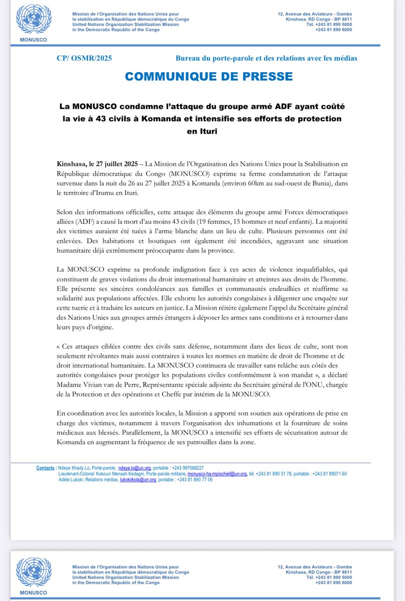 baelenge_irenge's tweet image. #RDC : Selon la MONUSCO, une attaque sanglante attribuée au groupe armé des Forces démocratiques alliées (ADF) a coûté la vie à au moins 43 civils, dont 19 femmes, 15 hommes et 9 enfants. La majorité des victimes ont été tuées à l’arme blanche alors qu’elles se trouvaient dans un…