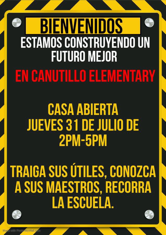 Canutillo Elementary School (@canutilloes) on Twitter photo The new school year starts soon. Don’t forget to come to Open Houae on Thursday July 31st from 2pm-5pm to meet your teacher, see the staff and bring your school supplies. Uniform vendors will be available. <a href="/CanutilloISD/">Canutillo ISD</a> The new school year starts soon. Don’t forget to come to Open Houae on Thursday July 31st from 2pm-5pm to meet your teacher, see the staff and bring your school supplies. Uniform vendors will be available. <a href="/CanutilloISD/">Canutillo ISD</a>