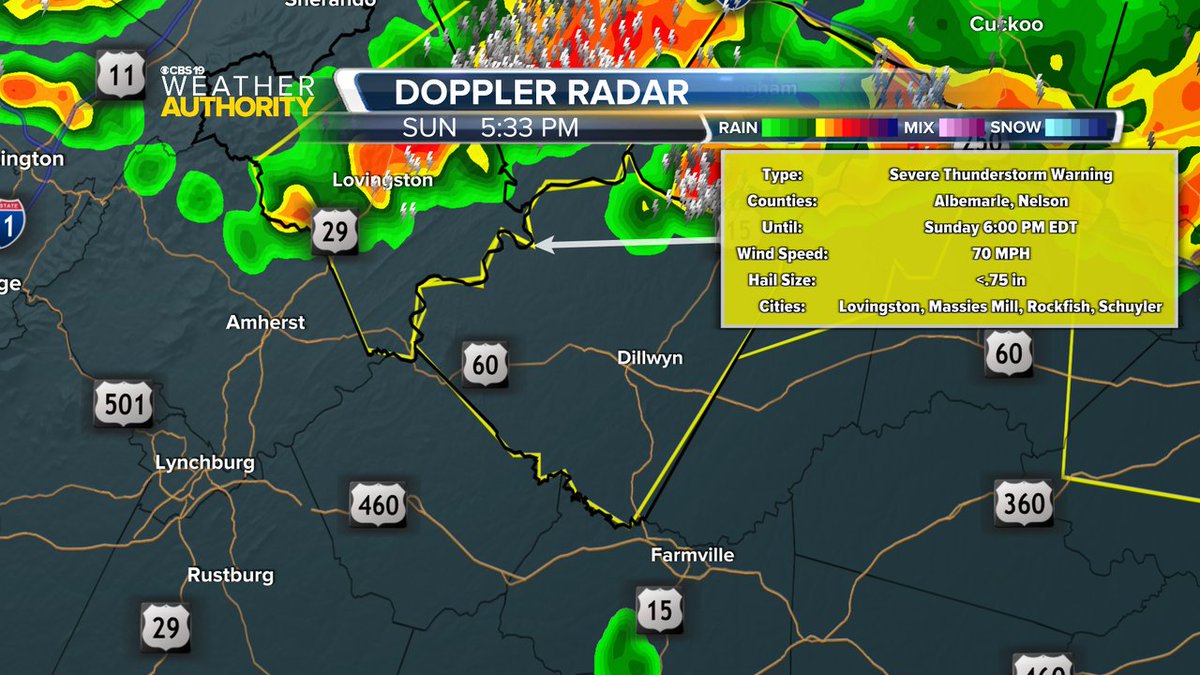 CBS19News's tweet image. A Severe Thunderstorm Warning is now in effect until Jul 27 6:30PM for the following counties: Buckingham. Damaging winds and hail are possible with these storms.