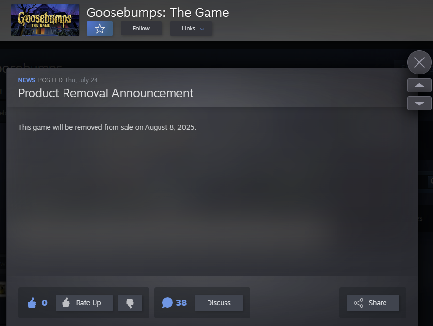 PlanoGaming's tweet image. Goosebumps The Game will be removed from Steam store (and probably other platforms too) on August 8, 2025:
store.steampowered.com/app/361360/Goo…