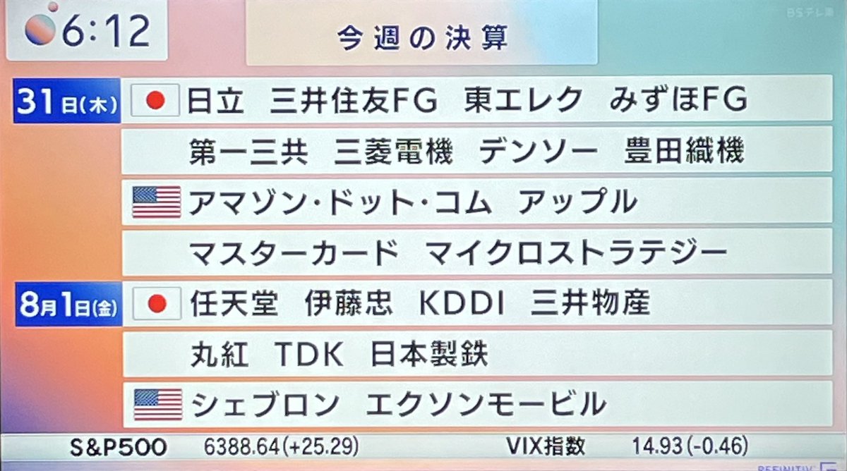 ♢今週の注目決算‼️

♦︎29(火)🇯🇵アドバンテスト|キーエンス
♦︎30(水)🇯🇵オリエンタルランド|日産自
  🇺🇸 $META メタ| $MSFT マイクロソフト
♦︎31(木)🇯🇵 東京エレクトロン|三菱電気
  🇺🇸$AMZN アマゾン| $AAPL アップル
♦︎8/1(金)🇯🇵任天堂|三井物産

#アリス #モーサテ