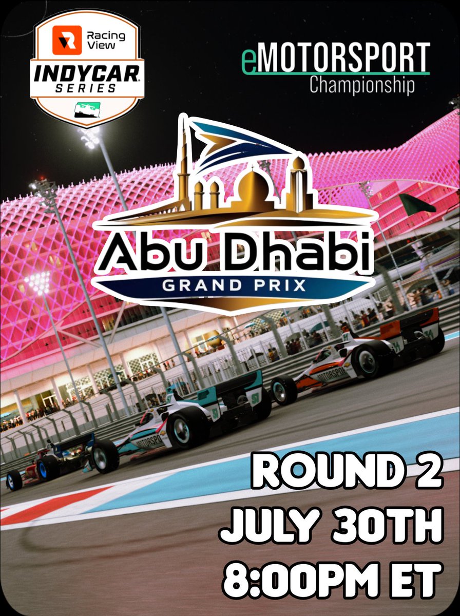 eMotorsport Championship (@go_emotorsport) on Twitter photo Wednesday! Round 2 takes us to the bright lights of Yas Marina for the Abu Dhabi Grand Prix. Tune in LIVE on Twitch Wednesday night to call all of the <a href="/RacingViewApp/">Racing View</a> IndyCar Series action! Wednesday! Round 2 takes us to the bright lights of Yas Marina for the Abu Dhabi Grand Prix. Tune in LIVE on Twitch Wednesday night to call all of the <a href="/RacingViewApp/">Racing View</a> IndyCar Series action!