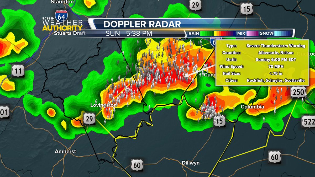 CBS19News's tweet image. A Severe Thunderstorm Warning is now in effect until Jul 27 6:00PM for the following counties: Nelson, Albemarle. Damaging winds and hail are possible with these storms.