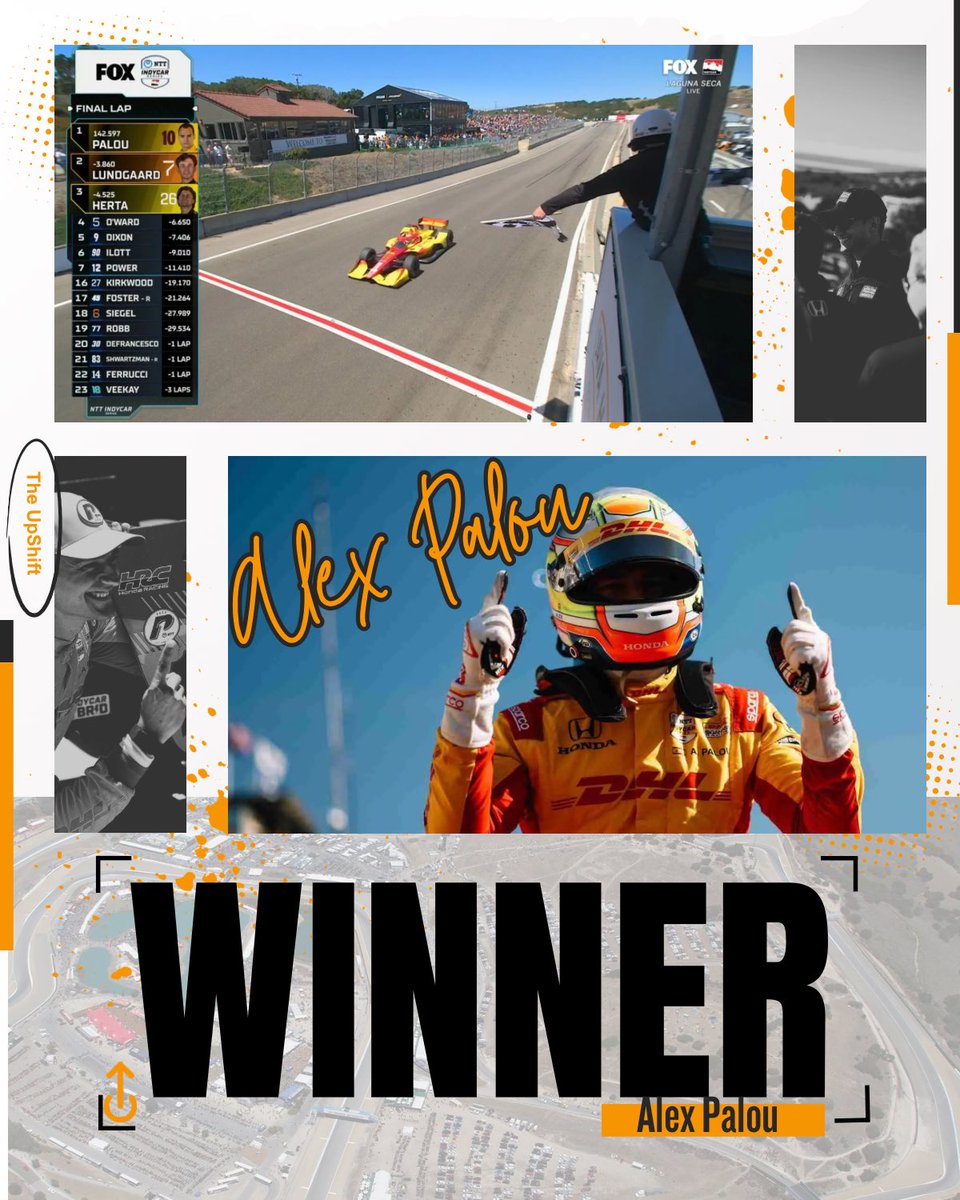 WINNER!! WINNER!! WINNER!!

Alex Palou goes Back2Back at Laguna Seca &amp; secures his 8th win of the year.

Led 84 of 95 laps.

3/5 in WINS at Laguna Seca in his IndyCar career.

P.2: Lundgaard 
P.3: Herta

#IndyCar // #JavaHouseGP