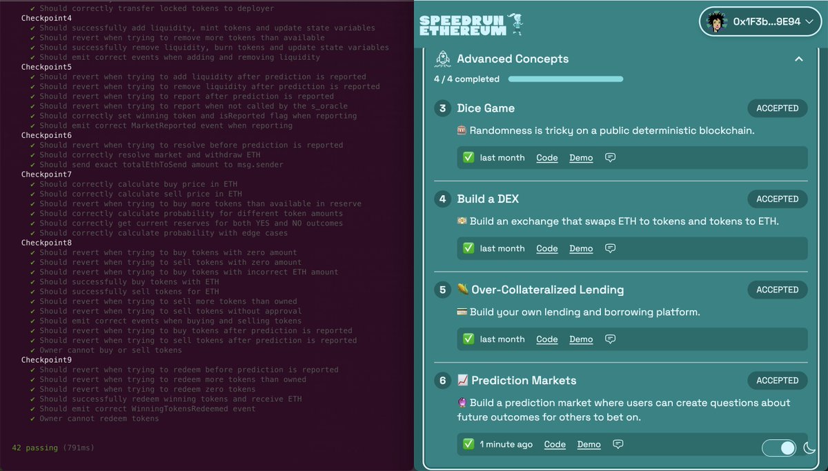 After a couple of weeks I finally finished the six challenges from Speedrun Ethereum! 🥳 I had a lot of "aha!" moments and fun learning from you <a href="/buidlguidl/">BuidlGuidl.eth</a>

Now I'll focus on finishing the Advance Foundry and Security courses from Cyfrin and participate in some hackathons as