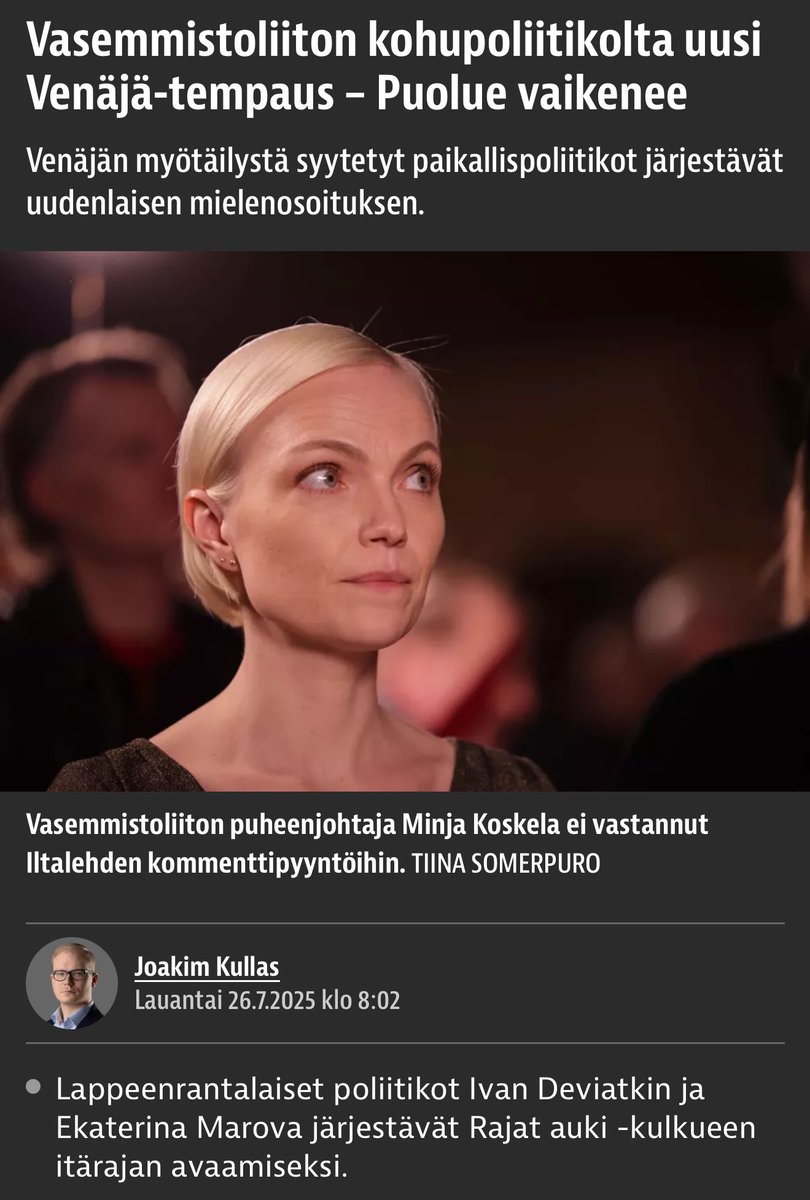 AlankoTuulia's tweet image. Vasemmistoliitto on Suomen poliittisessa kentässä se Venäjän hyödyllinen hölmö. He ovat rajattomalla suvaitsevaisuudellaan, moraaliposeerauksellaan ja loputtomalla naiiviudellaan ajaneet itsensä pisteeseen, jossa heidän on täysin mahdotonta uskottavalla tavalla tukea toimia,…