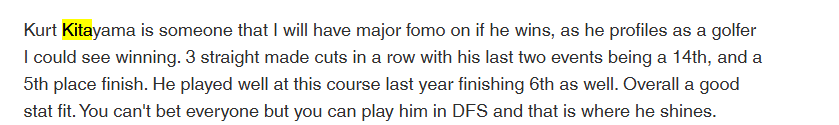 NineToFiveGolf's tweet image. Kurt Kitayama wins the 3M Open.
Here is how he profiled:
- 8th in 925 Model
- 4th in 925 Player Pool
- High Exposure Play
- "Possible" Outright (this week considered a "Good" Outright).