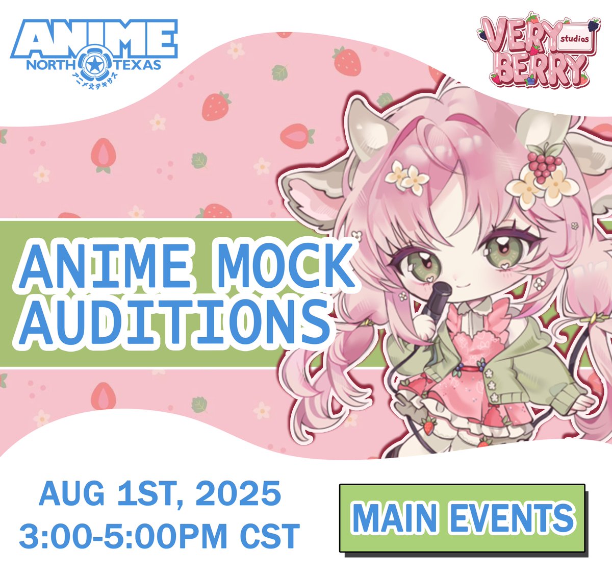 VeryBerryStudio's tweet image. 🎤 We're heading to @AnimeNorthTexas 2025 in Dallas!
Catch our Voice Acting 101: Anime Mock Auditions panel on Friday, August 1st from 3-5PM CST in the main events room 👀
Plus, swing by our vendor booth all weekend for free goodies, giveaways, + voice acting chats!