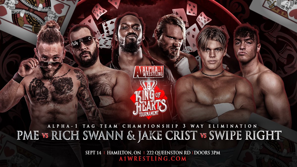 Alpha-1 Wrestling (@a1wrestling) on Twitter photo 🚨 MATCH ANNOUNCEMENT 🚨
A1 Tag Team Championship Match
PME (C) vs Rich Swann & Jake Crist vs Swipe Right
Sunday, Sept 14th
Doors @ 3PM | Bell @ 4PM
222 Queenston Rd
Hamilton, Ontario 🇨🇦
🎟️ TICKET INFO ON OUR WEBSITE
📺 Watch LIVE on <a href="/HighspotsWN/">Highspots.TV</a> 🚨 MATCH ANNOUNCEMENT 🚨
A1 Tag Team Championship Match
PME (C) vs Rich Swann & Jake Crist vs Swipe Right
Sunday, Sept 14th
Doors @ 3PM | Bell @ 4PM
222 Queenston Rd
Hamilton, Ontario 🇨🇦
🎟️ TICKET INFO ON OUR WEBSITE
📺 Watch LIVE on <a href="/HighspotsWN/">Highspots.TV</a>