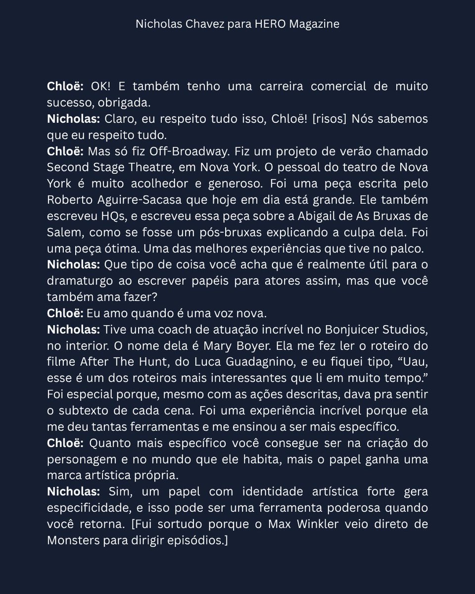 NickChavezBR's tweet image. Tradução da conversa de Nicholas Alexander Chavez com Chloë Sevigny para a HERO Magazine.