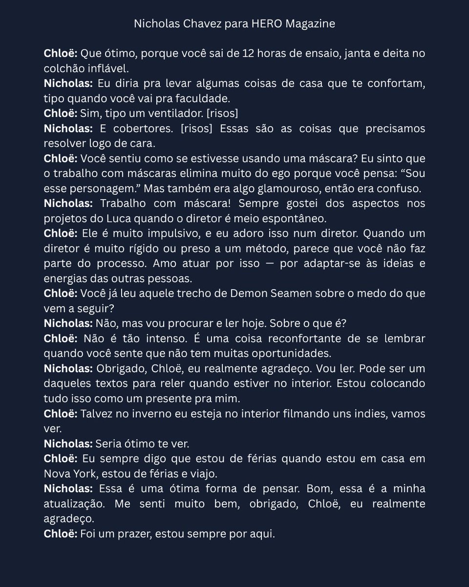 NickChavezBR's tweet image. Tradução da conversa de Nicholas Alexander Chavez com Chloë Sevigny para a HERO Magazine.