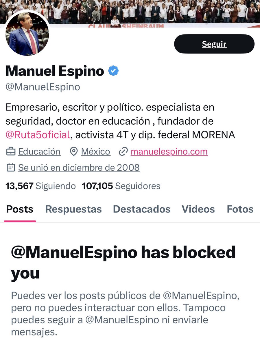 Mandarinnee's tweet image. Me acabo de dar cuenta que el señor Manuel Espino me bloqueó y no puedo comentar en su tuit sobre fracasos políticos… triste y pobre el actuar de un hombre que hasta hace no mucho era oposición a m0rena, quien incluso presidió al partido @AccionNacional.
Muy bien diputado, su…
