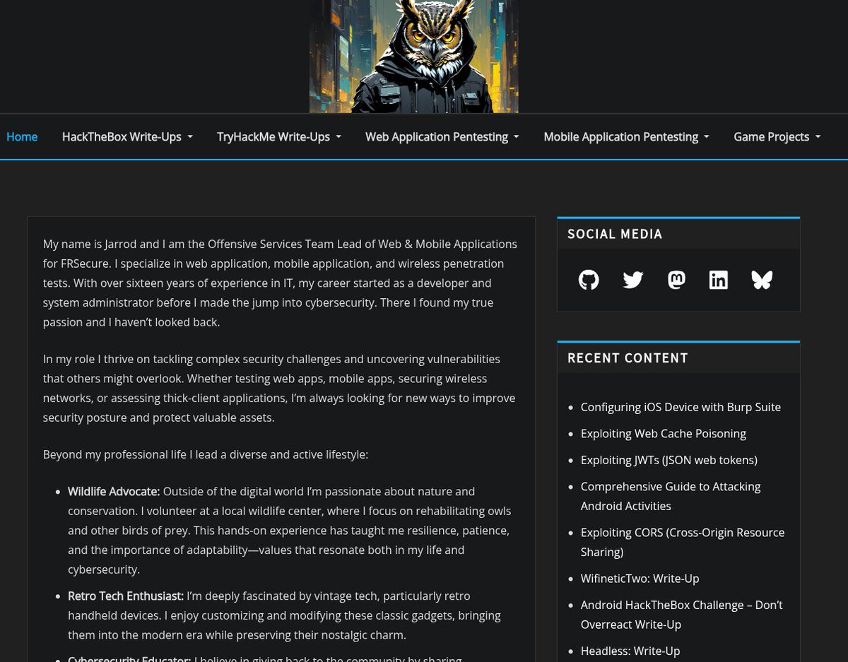 Jr0dR87's tweet image. I&apos;ve been working on adding content to my site dedicated to web and mobile hacking along with write-ups for TryHackMe, Hack The Box, and PortSwigger Academy. I will be adding more content each week. If this tickles your fancy give my site a look. 
owlhacku.com