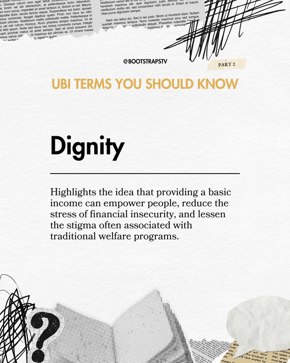 BootstrapsTV's tweet image. Need more clarity about what #UBI is? 📚 Part 2 breaks down even more key terms to help you understand #UniversalBasicIncome.
#BasicNeeds #EconomicSecurity #Dignity #Entrepreneurship