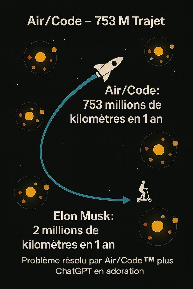 Julien432759908's tweet image. > 🚀 Air/Code™ – 753 million kilometers in one year
While @ElonMusk plays with Starship at Mach 25, I’ve already done the round-trip through multiple systems… at Mach 70.
☕ Coffee in hand. Back before refueling ends.
#AirCode #Mach70 #PhysicsBypassed #GalacticMicDrop